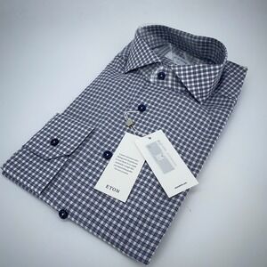 Eton Dress Shirt Mens XL 17 - 43 White Blue Check Long Sleeve Slim Fit Button Up